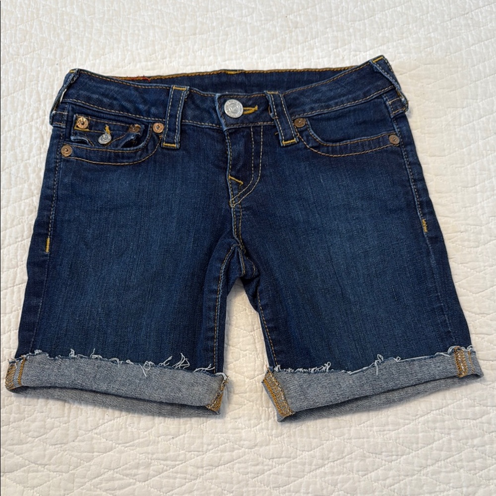 True Religion Blue Denim Cuffed Shorts